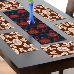 THEYAYACAFE Black & Maroon 7 Pieces Foral Tablemats & Table Runner-30