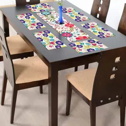 THEYAYACAFE White & Blue 7 Pieces Floral Cotton Table Placemats With Runners-9
