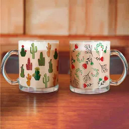 Indigifts Cactus and Floral Printed Set of 2 Transparent Coffee Mugs-picture-10