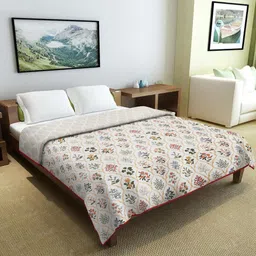 Cortina White & Beige Floral Microfiber AC Room Reversible Single Bed Dohar-image-52