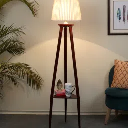 Trapzo Off White Metal and Fabric Shade Shelf Floor Lamp With Mango wood Base By Tu Casa-picture-9