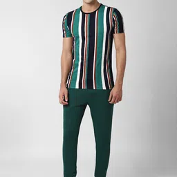 Peter England Men Green Striped Pure Cotton Night suit-picture-1