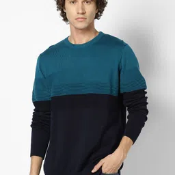 Celio Men Teal Blue & Navy Blue Colourblocked Pullover Sweater-image-80