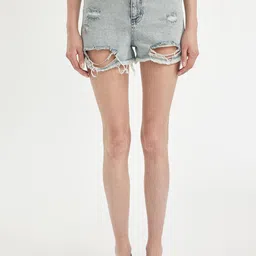 DeFacto Women Washed Mid-Rise Pure Cotton Denim Shorts-image-35
