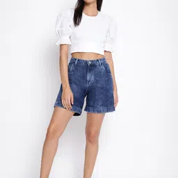 TALES & STORIES Women Washed Outdoor Denim Shorts with Technology-image-78