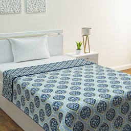 HOME AFFAIRS White & Blue Ethnic Motifs Reversible AC Room Cotton 300 GSM Single Bed Dohar-image-47