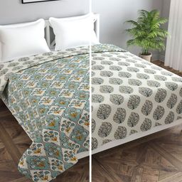 Texstop Beige & Green Ethnic Motifs AC Room Pure Cotton Reversible Double Bed Dohar-image-4