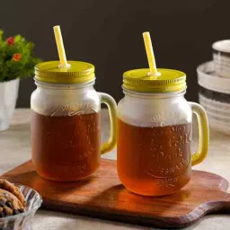 ceradeco Set of 2 Yellow Frosted Coloured Mason Jar With Metal Lid & Straw 480 Ml Each-picture-47