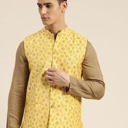 SOJANYA Men Yellow & Gold Floral Embroidered Sequinned Nehru Jacket-1