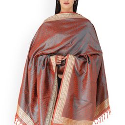 Exotic India Rust Hand-Woven Pure Silk Tanchoi Weave Banarasi Shawl-picture-19