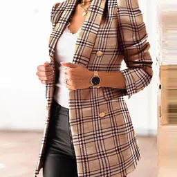 StyleCast Yellow Checked Shawl Collar Longline Open Front Blazer image 1
