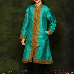 Exotic India Women Floral Longline Denim Jacket Embroidered-13