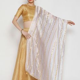 Dupatta Bazaar White & Gold-Coloured Striped Silk Blend Dupatta with Gotta Patti-picture-41