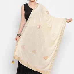 Clora Creation Cream-Coloured & Gold-Toned Ethnic Motifs Embroidered Velvet Dupatta with Gotta Patti-36