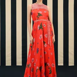 SWATI VIJAIVARGIE Floral Printed Silk Basic Jumpsuit with Embroidered-8