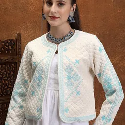 Vishudh Off White Floral Crop Quilted Jacket with Embroidered-image-24