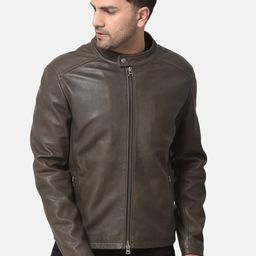 Woods Men Olive Green Leather Water Resistant Bomber with Embroidered Jacket-picture-25