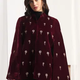 Zamour Women Floral Longline Cape Jacket with Embroidered-image-93