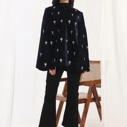 Zamour Women Floral Longline Cape Jacket with Embroidered-image-33