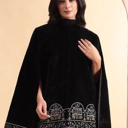 Zamour Women Floral Embroidered Mandarin Collar Velvet Cape Jacket-image-28