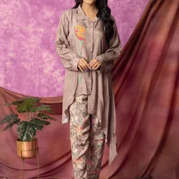 Kaftanize Brown Muslin Co-Ord Set With Embroidery-image-0