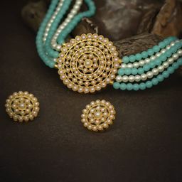 ASMITTA JEWELLERY Turquoise Blue & Gold-Plated Pearl Beaded Choker Jewellery Set-image-25