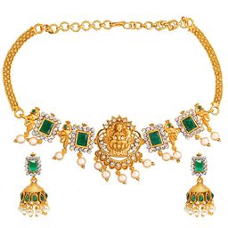 Shining Jewel - By Shivansh Gold-Plated & Green Stone Studded Choker Jewellery Set-image-71