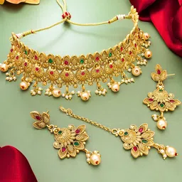 aadita Red & Gold-Toned Ruby Choker Jewellery Set-65