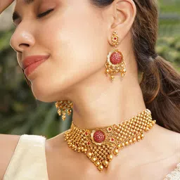 Rubans 22K Gold Plated Pink Stone Studded & Gold Beaded Choker Necklace Set-23