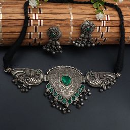 Ozanoo Silver-Plated Stone-Studded & Ghunghroo Beaded Jewellery Set-image-27