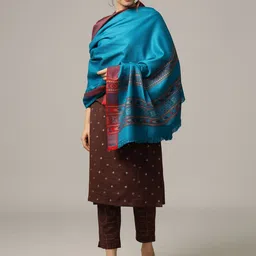HANDICRAFT PALACE Women Turquoise Blue & Red Woven Design Shawl-image-84