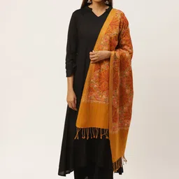 Anekaant Women Mustard Yellow & Red Floral Embroidered Shawl-15