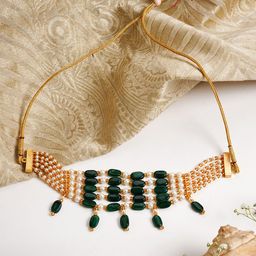 TEEJH Green & White Brass Gold-Plated Choker Necklace-14