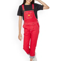 Olele Girls Twill Cotton Slim Fit Dungaree With Contrast Hemfold-image-66