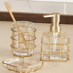 OBSESSIONS Gold-Toned & Transparent 3 Pieces Glass Bath Accessories Set 400ml-17