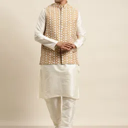 SOJANYA Men Off White & Beige Solid Kurta with Churidar & Embroidered Nehru Jacket-55