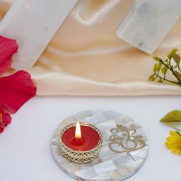 HOMEARTE Off White Printed Stoneware Tea Light Candle Holder-image-37