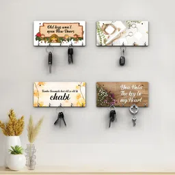 RANDOM White & Brown 4 Pieces Typographic Printed Wooden Key Holders-91