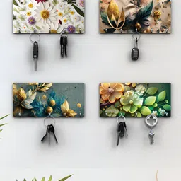 RANDOM Beige & Green 4 Pieces Floral Printed Wooden Key Holders-image-90
