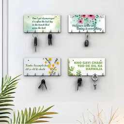RANDOM Green & Pink 4 Pieces Floral & Typographic Printed Wooden Key Holders-image-94