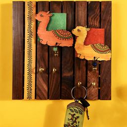 AAKRITI ART CREATIONS Brown & Orange Handcrafted Tribal Art Alpaca 4 Key Holder-image-87