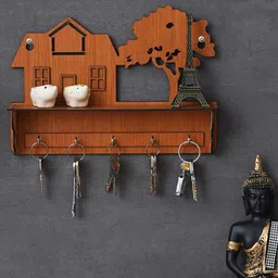 eCraftIndia Brown Carved House Tree 5 Hooks Wooden Key Holder With A Shelf-1