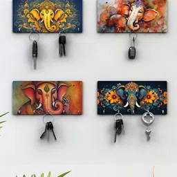 RANDOM Blue & Green 4 Pieces Lord Ganesh Printed Wooden Key Holders-image-95