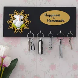 eCraftIndia Black Lord Ganesha With Happiness Is Homemade Quote 5 Hooks Wooden Key Holder-image-96