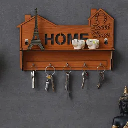eCraftIndia Brown Home Carved 5 Hooks Wooden Key Holder With A Shelf-2