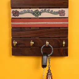 AAKRITI ART CREATIONS Brown Handcrafted Tribal Art Key Holder With 4 hooks-image-89