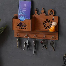 eCraftIndia Brown Om, Meditating Poses Carved 5 Hooks Key Holder With Mobile-image-55
