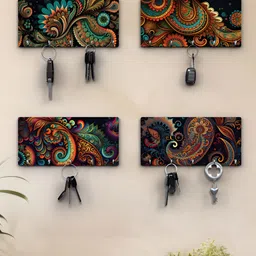 RANDOM Black & Green 4 Pieces Paisley Printed Wooden Key Holders-88