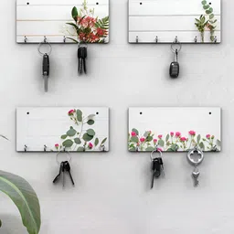 RANDOM White & Green 4 Pieces Floral Printed Wooden Key Holders-27