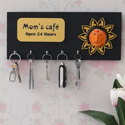 eCraftIndia Black Mom's Cafe- Open 24 Hours Quote 5 Hooks Wooden Key Holder-image-53